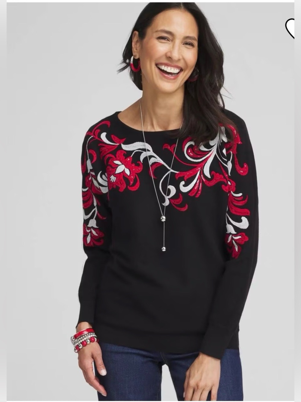 Black Floral sequins Dolman Embroidered long sleeves Sweater - Women